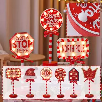 Рождественские украшения со светодиодной подсветкой, рождественская световая доска для дома, Санта-Стоп, первый знак, фермерский дом, зимний деревянный декор, винтажный деревенский знак One Size