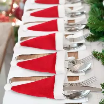 Рождественские украшения, сумка-держатель для посуды, рождественская шляпа, посуда, вилка, нож, сумка для столовых приборов, Рождественский домашний декор, Рождественский орнамент 10pcs красный