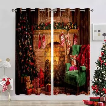 Рождественские украшения Теплые шторы для камина Рождественский Санта Рождественская елка Украшение детской комнаты Спальня Гостиная 2 шт 50W130H(CM)X2PCS&Grommet Top