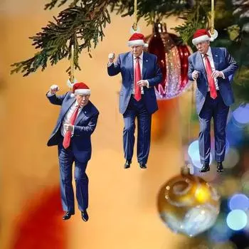 Рождественские украшения Трампа, акриловые 2D-украшения для танцующего Трампа, шапка Санты, подвесное украшение Трампа для елки, зеркало заднего вида автомобиля 3pcs