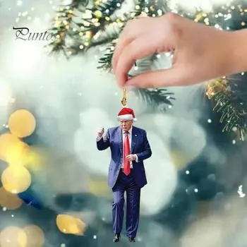 Рождественские украшения Трампа, акриловые 2D-украшения для танцующего Трампа, шапка Санты, подвесное украшение Трампа для елки, зеркало заднего вида автомобиля 3pcs