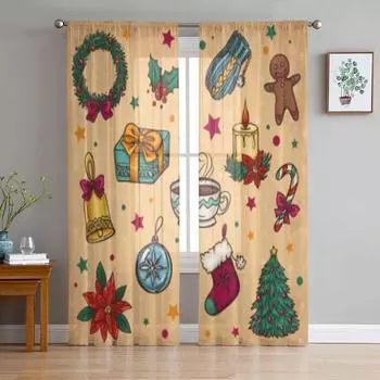 Рождественские украшения, тюлевые оконные занавески для гостиной, спальни, вуаль, прозрачные шторы, кухонные шторы, занавески 135W x 114H(cm)