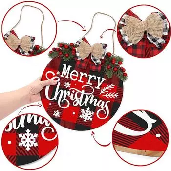 Рождественские украшения Венок Клетчатая подвесная табличка Деревенский деревянный праздничный декор