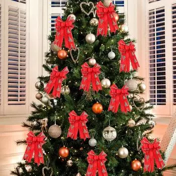 Рождественские украшения в виде бантов, ручной работы, рождественский венок, бант, верхушка для дерева, деревенская подарочная коробка для фермерского дома красный