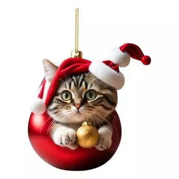 Рождественские украшения в виде кошек, акриловые кошки с подвеской в виде шапки Санты, милые мультяшные кошки, шар, украшение в виде 2D-плоского котенка, рождественская елка, подвесной декор для сумки на окно автомобиля A