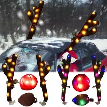 Рождественские украшения в виде рогов оленя для автомобиля, светодиодные светящиеся рога оленя для автомобиля с носом и хвостом, рождественские украшения для автомобиля, подарок своими руками