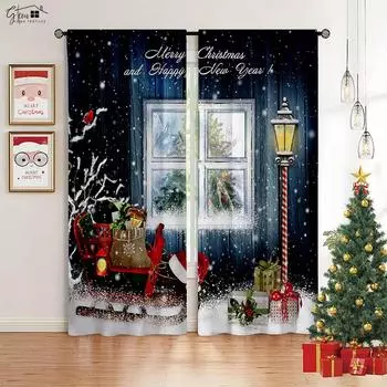 Рождественские украшения, занавески, новогодняя елка, подарок Санта-Клауса, карета из тыквы, детская комната, новогодние праздничные занавески 2 шт. W50xH130(CM)x2PCS&Grommet Top