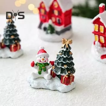 Рождественские украшения, зимний деревенский дом, снеговик, елочное украшение, миниатюрный кукольный домик, фигурки из смолы для домашнего офиса, декор комнаты A