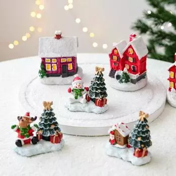 Рождественские украшения Зимний деревенский домик Снеговик Украшение на елку Миниатюрный кукольный домик Фигурки из смолы A