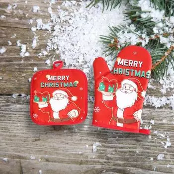 Рождественские утепленные перчатки, утолщенные прихватки для выпечки, дизайн с петлей для подвешивания, термостойкие кухонные C