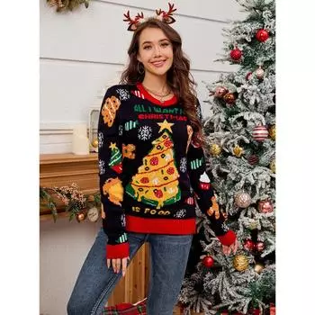 Рождественские вязаные свитера женские цветные светодиодные фонарики рождественский стиль вязаный пуловер свитер женский осень зима S темно-синий