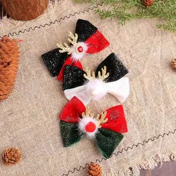 Рождественские заколки для волос, заколка-бант из рогов оленя с меховым шариком, рождественский бант, головной убор для женщин красный/зелёный