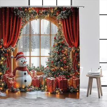 Рождественские занавески для душа, милый снеговик, рождественская елка, подарок на окно, зимний пейзаж, новогодний домашний настенный декор для ванной комнаты с крючками 90x180cm-35x70in