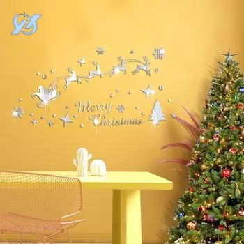Рождественские зеркальные акриловые трехмерные настенные наклейки для праздничного украшения комнаты, стены гостиной