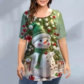 Рождественские женские футболки со снеговиком, летняя одежда с круглым вырезом и короткими рукавами, симпатичные мультяшные топы с 3D-принтом для рождественской вечеринки, модные футболки S