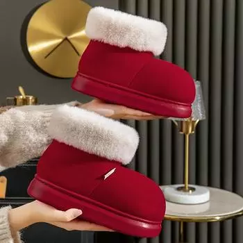 Рождественские женские хлопковые туфли 2024 года, зимняя одежда, нескользящие зимние ботинки, толстая подошва, кожа, мех, цельные утолщенные хлопковые туфли 36-37 красный