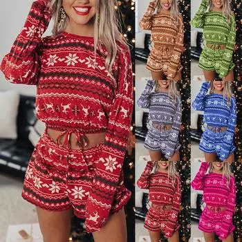 Рождественские женские пижамы с принтом, одежда для отдыха, домашний костюм, топы + брюки M красный