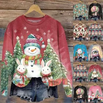 Рождественские женские свитера с принтом снеговиков, уличные свитера, свободные толстовки с капюшоном, повседневные толстовки с длинным рукавом, женские свитера S