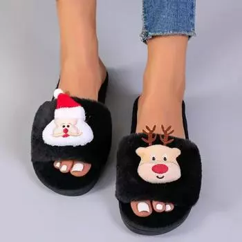 Рождественские женские тапочки осень-зима домашние плюшевые теплые удобные хлопковые туфли симпатичные повседневные туфли на плоской подошве мягкие 36-37 чёрный
