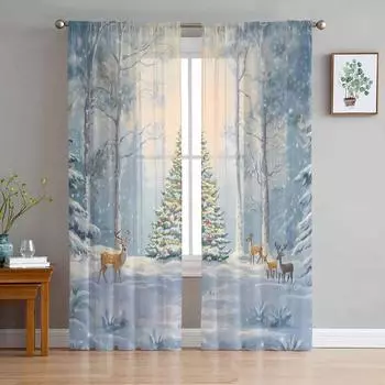 Рождественские зимние олени прозрачные шторы для гостиной украшения оконные шторы кухонные тюль вуаль шторы W135 x H115cm x1