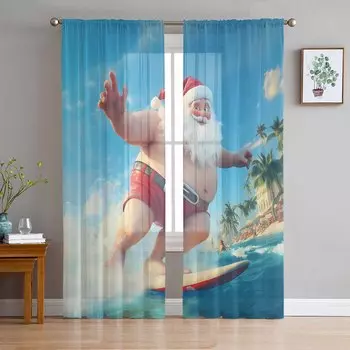 Рождественские зимние шторы для серфинга с изображением Санты для гостиной, спальни, украшения дома, оконные вуали, тюль, занавески, драпировки W135 x H114cm