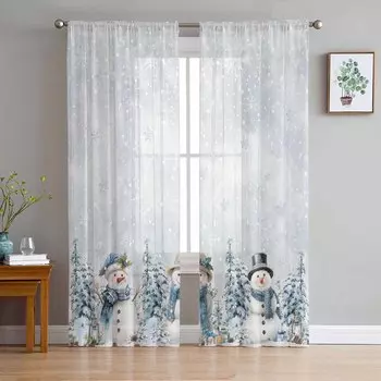 Рождественские зимние шторы в виде снеговика для гостиной, спальни, украшения дома, занавески из тюля и вуали для окон W135 x H114cm