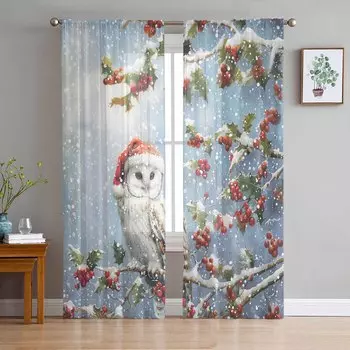 Рождественские зимние шторы в виде совы для гостиной, спальни, украшения дома, занавески из тюля и вуали W135 x H114cm