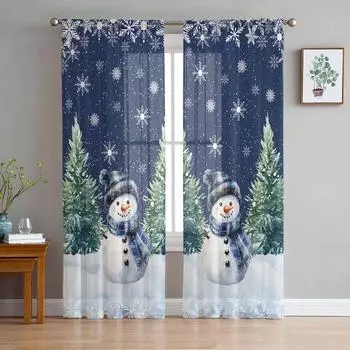 Рождественские Зимние Снеговики Прозрачные Шторы для Украшения Гостиной Оконные Шторы Кухонные Тюль Вуаль Шторы W135 x H115cm x1