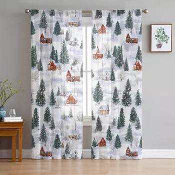 Рождественские зимние снежинки, елки, снеговика, шторы для гостиной, спальни, украшения дома, оконные вуали, тюль, шторы, драпировки W135 x H114cm