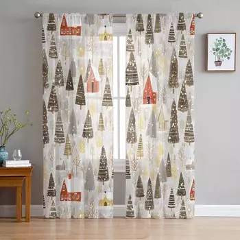 Рождественские зимние снежинки, елки, снеговика, шторы для гостиной, спальни, украшения дома, оконные вуали, тюль, шторы, драпировки W135 x H114cm