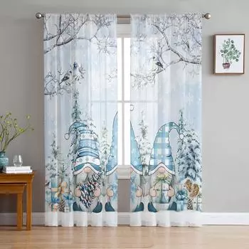 Рождественские зимние снежинки гном синие прозрачные шторы для гостиной украшения оконные шторы кухонные тюль вуаль шторы W135 x H115cm x1