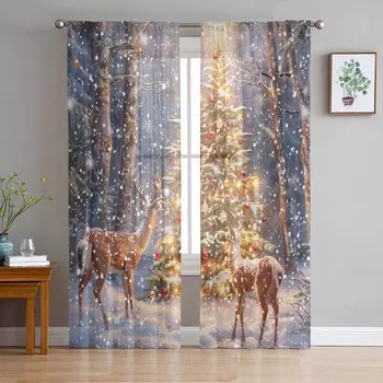 Рождественские зимние снежные пейзажи снежинки деревья олени прозрачные занавески газовые занавески для гостиной спальни вуаль пряжа занавески W135 x H114cm