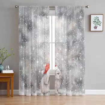 Рождественские зимние снежные шторы с кроликом для гостиной, спальни, украшения дома, оконные вуали, тюль, занавески, драпировки W135 x H114cm