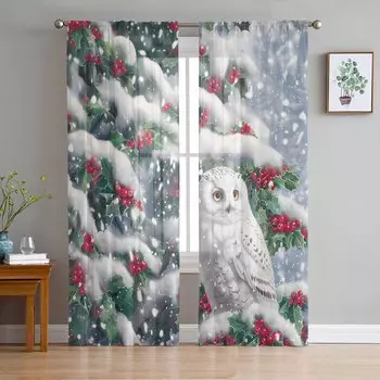 Рождественские Зимние Снежные Сова Прозрачные Шторы Современные Газовые Шторы Для Гостиной Спальни Шторы Из Вуали W135 x H114cm