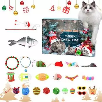 Рождественский адвент-календарь 2024 года, 24 шт., перья, шарики, колокольчики, игрушки для кошек, котята, обратный отсчет на Рождество