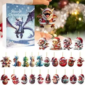 Рождественский адвент-календарь 2024 года, обратный отсчет на 24 дня, мультяшный дракончик, набор украшений 2D Flat A