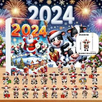 Рождественский адвент-календарь 2024 года с изображением коровы, плоская акриловая подвесная декорация для дома, настенное украшение для елки, праздничное украшение обратного отсчета D