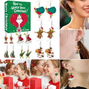 Рождественский адвент-календарь, набор сережек «Зеленый эльф» для женщин, 24-дневный календарь обратного отсчета, ювелирная слепая коробка для рождественского украшения A