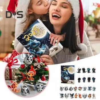 Рождественский адвент-календарь с мультяшным крутым драконом, акриловым украшением, миниатюрной фигуркой дракона, обратным отсчетом для домашнего офиса, декора D