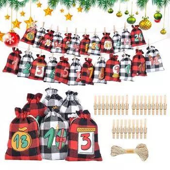 Рождественский Адвент Календарь Сумки 24 Дня Календарь Обратного Отсчета Сумки На Шнурок Рождественские Подарки Сумка С Зажимами И Веревкой Для L