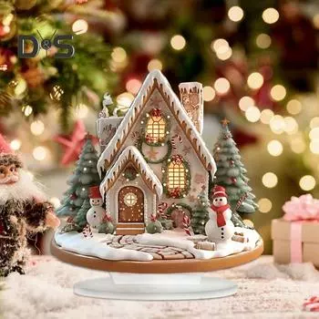 Рождественский акриловый настольный орнамент, плоский, снежный домик, украшение с основанием, рождественский деревенский бревенчатый домик, украшение для праздничного стола G
