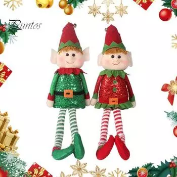 Рождественский эльф, плюшевая мягкая кукла с длинными ногами и шапкой Санты для украшения подоконника, стены, дома, на открытом воздухе зелёный