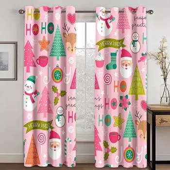 Рождественский элемент колокольчик розовый мультяшный занавес 2 панели применимо детская комната гостиная спальня балкон украшение окна 50W130H(CM)X2PCS&Grommet Top