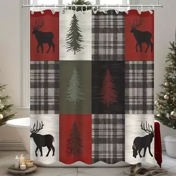 Рождественский элемент в деревенском доме Занавеска для душа в рождественскую клетку, 72x72 дюйма, с 12 крючками 180CM*180CM