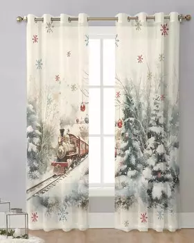 Рождественский бал Поезд Лес Снежная сцена Снежинки Прозрачные шторы Украшение спальни Оконные шторы Кухня Тюль Вуаль Шторы W135 x H115cm x1
