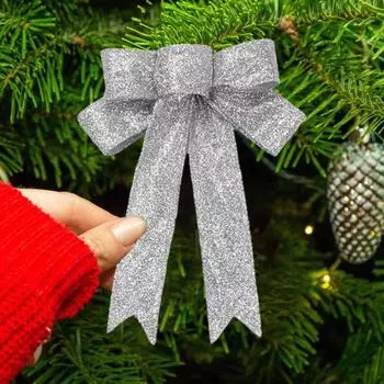 Рождественский бант, двухслойный блестящий блесток, праздничное многоразовое украшение для елки, легкий реквизит для новогодней вечеринки, рождественский большой бант серебряный