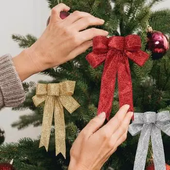 Рождественский бант, двухслойный, блестящий, с блестками, праздничное многоразовое украшение для елки, легкий Новый год 15cm темно-красного