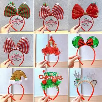 Рождественский бант-повязка на голову для детей и взрослых, костюм для косплея, украшение для вечеринки, красный, зеленый, с блестками
