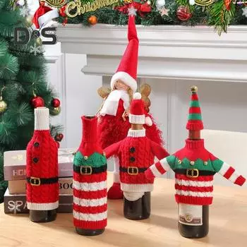 Рождественский чехол для бутылки вина, вязаный рождественский свитер для бутылки с шапкой Санты для бутылок вина, шампанского, пива, праздничное украшение для вечеринки красный