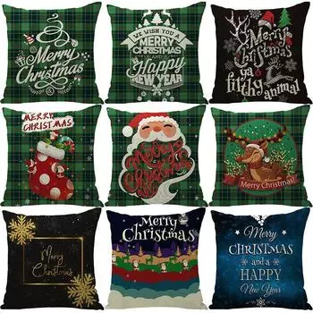 Рождественский чехол для подушки с узором Санта-Клауса и принтом лося, льняной чехол для подушки в клетку для дома 45*45 cm